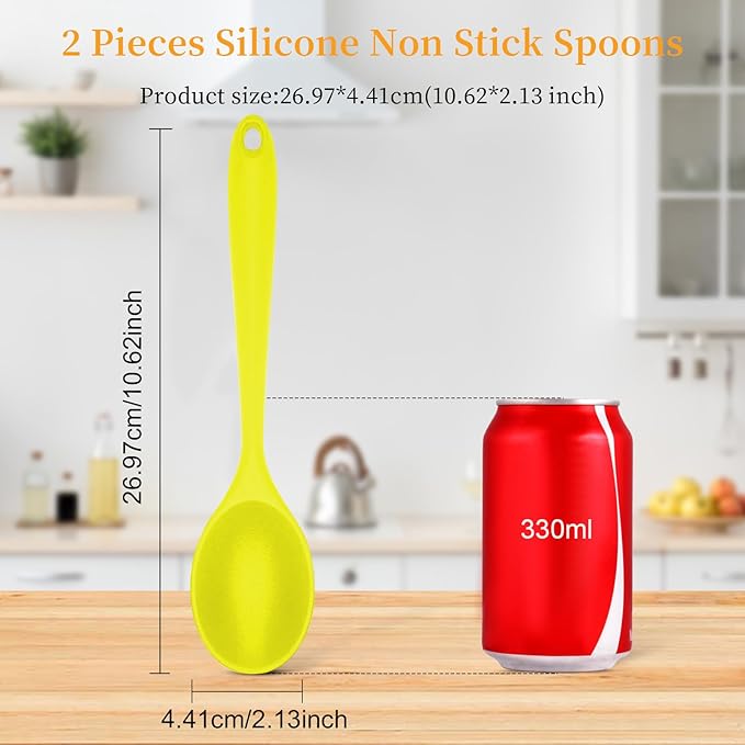 2 Pcs Silicone Nonstick Mixing Spoon,10.6Inch Silicone Spoons for Cooking Heat Resistant, Cooking Utensil for Kitchen Cooking Baking Stirring Serving (Yellow)