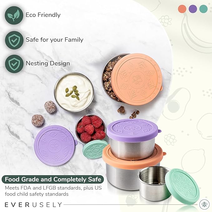 Everusely - Stainless Steel Food Containers - 3 Pack, Bright - Metal Lunch Box - Nesting Snack Containers for Office, Home Food Storage - Leakproof Silicone Lids - Dishwasher and Freezer Safe