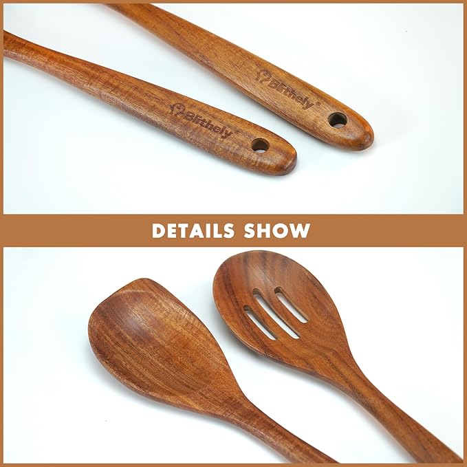 Large Wooden Spoons for Cooking, 2Pack Natural Teak Wood Cooking Spoon Set, Non-Stick Slotted and Corner Spoon, Heat-Resistant Wooden Spatula Spoon for Serving and Mixing