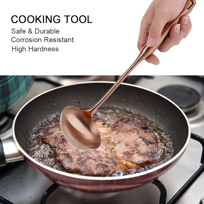 Stainless Steel Kitchen Ladle, Rose Gold Soup Spoon Turner, Heat-Resistant Handle, Large Cooking Utensil