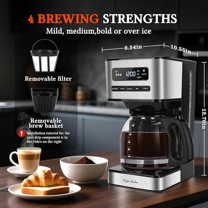 Taylor Swoden Programmable Coffee Makers 12 Cup, Hot and Iced Coffee Maker, 4 Brew Strength, LED Display, 24H Timer, Keep Warm&Auto Shutoff- Drip Coffee Machine for Home/Office, Black &Stainless Steel