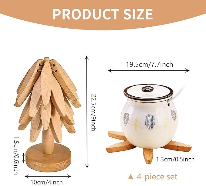 Generic Wooden Trivets for Hot Dishes with 4 Beech Wood Hot Plate Mats, Used as Jungle Theme Decorations and for Table Protection for Hot Dishes/Pots/Bowls/Teapots/Drinks/and Plates, LIN-HAO001
