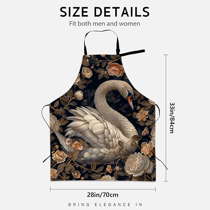 Pretty Swan Apron for Women, Cooking BBQ Chef Polyester Lightweight Graceful Swan and Vintage Floral Aprons with Pockets for Baking Kitchen Gardening Cleaning, Adjustable Neck Strap, 28×33inch
