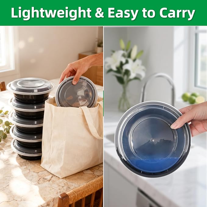 Meal Prep Containers Reusable 50 Pack-24 oz Food Storage Containers with Lids To Go Food Containers Takeout, Microwave Dishwasher Freezer Safe, Stackable, BPA Free, Plastic (Black)