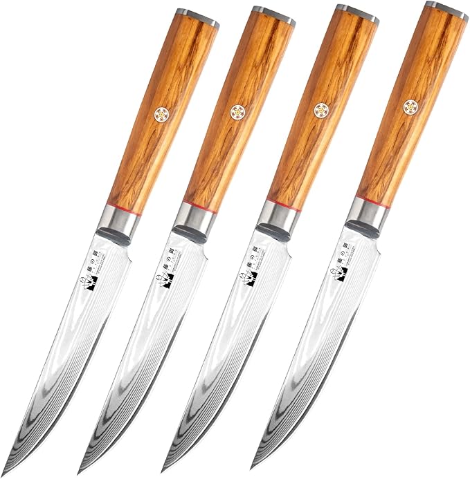 Damascus Steak Knives Set of 4 - Non serrated Steak Knives 5 inch Damascus VG10 Steel 67-Layer - Natural Olive Wood Handle- Exquisite Box