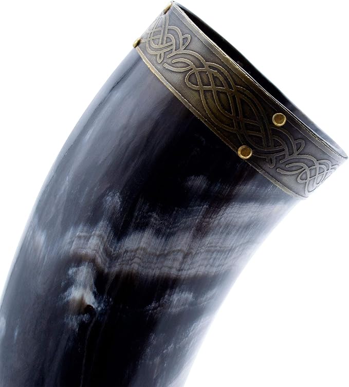Norse Tradesman Genuine 20" Ox-Horn Viking Drinking Horn with Antique Brass Rim & Wolf Tip, Fitted Stand & Burlap Gift Sack - The Fenrir, 20-Inches, High Polish