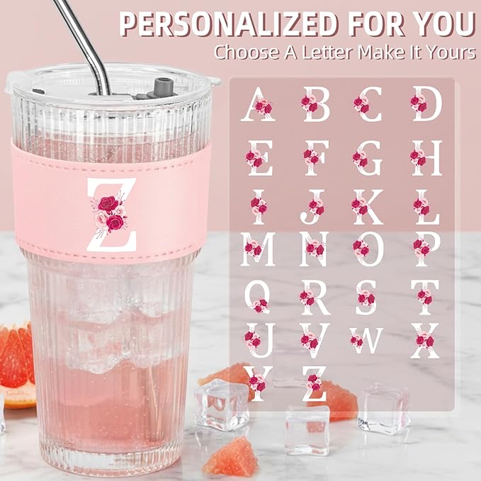Personalized Gifts for Women,20oz Ribbed Glass Tumbler,Monogrammed Gifts for Women,Birthday Gift,Ice Coffee Mug,Christmas Gift for Mom Sister-Z