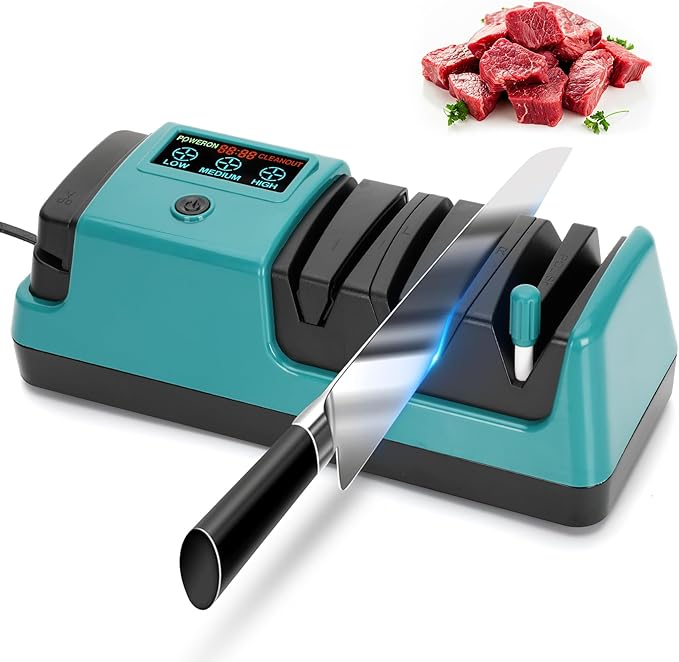 Electric Knife Sharpener with LCD Screen for Straight, Serrated, Meat Cleaver, Ceramic Knives & Scissors, 3 Rotational Speed Adjustable Electric Kitchen Knife Sharpener, 100% Diamond Abrasives