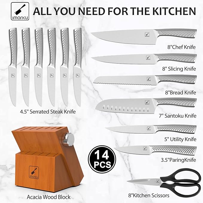 imarku Kitchen Knife Set, 14 Piece Premium Knife Block Set, Dishwasher Safe Knives Set for Kitchen, Razor Sharp Japanese Knife Set with Built-in Sharpener, Ergonomic Handle, Brown