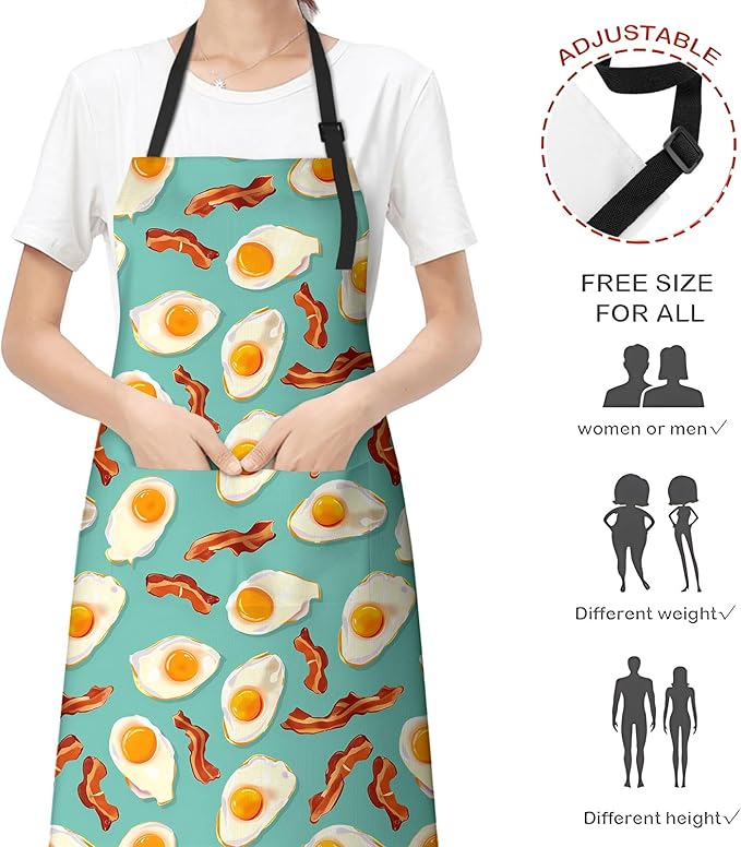 Delicious Eggs and Bacon Apron for Women Men, Cooking BBQ Chef Polyester Lightweight Playful Breakfast Aprons with Pockets for Baking Kitchen Gardening Cleaning, Adjustable, 28×33inch