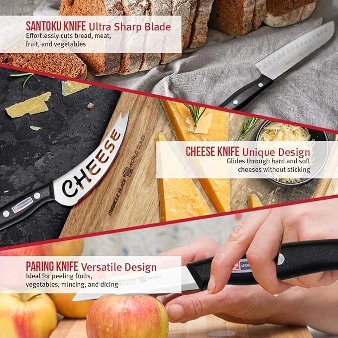 Miracle Blade World Class 4 Piece Professional Entertainment Charcuterie Knife Set with Acacia Wood Board