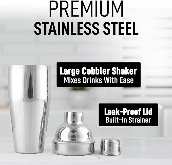 Zulay Cocktail Shaker (24oz) 18/8 Stainless Steel Martini Shaker With Built-In Strainer - Professional Grade Drink Shaker and Strainer For Bartending & Homebars (Silver)