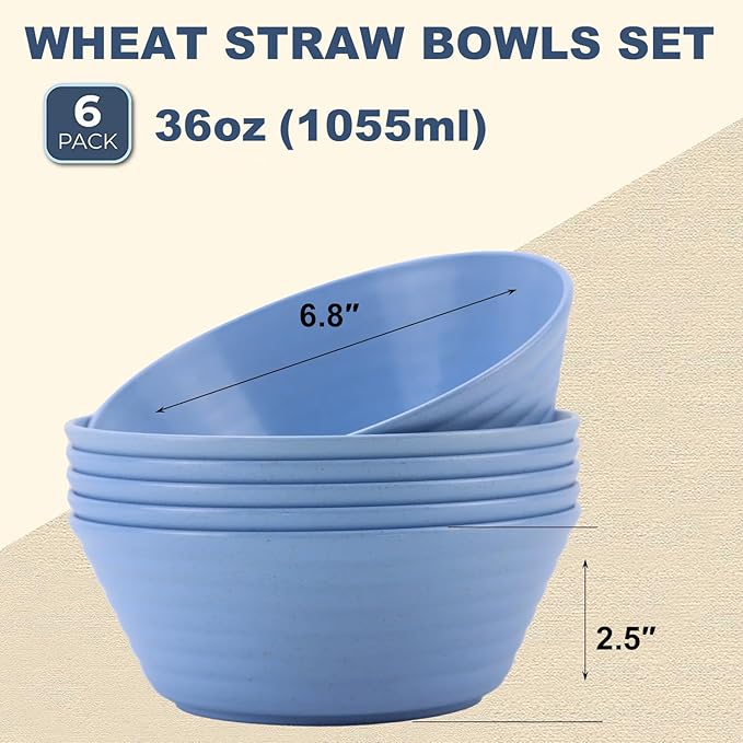 Wrova Wheat Straw Bowl Sets,6 PCS Unbreakable Cereal Bowl 36 OZ,Microwave and Dishwasher Safe Bowls,Kitchen Bowls for Serving Soup,Oatmeal and Salad （Sky Blue）