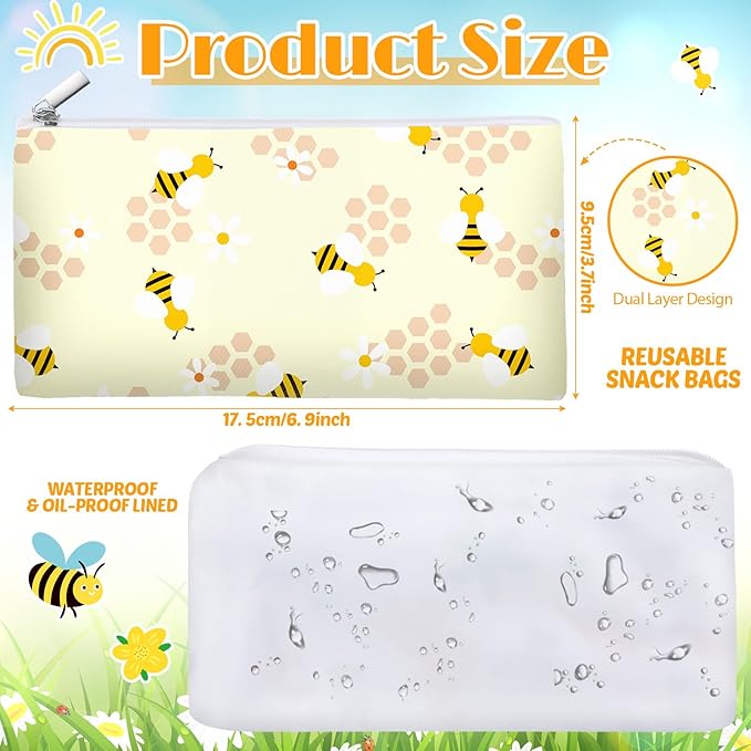 Chumia 6 Pcs Reusable Snack Bags Christmas Gifts Food Safety Washable Snack Bags Lunch with Zipper Portable Sandwich Bag Food Storage Pouch Double Layer(Bees,6.9 x 3.7 Inches)