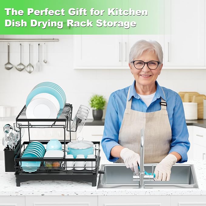 Dish Drying Rack 2-Tier, Large Dish Drying Rack for Kitchen Counter, Double Rustproof & Auto-Drain Multifunctional Organizer with Removable Utensil Holder, Cup Holder, for Plates, Cups, Knife fork