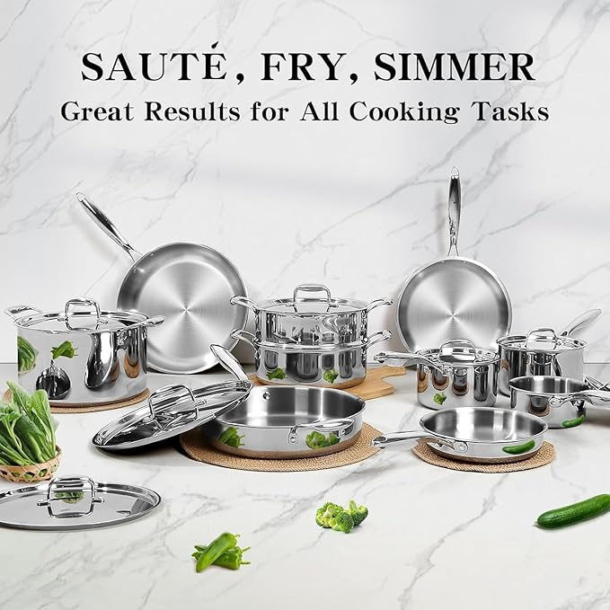 Triple Ply Stainless Steel Pots and Pans Set, EWFEN 12 Piece Induction Cookware Set, Oven Dishwasher Safe | Frying Pans, Saucepans, Saute Pan & Stock Pot, PFOA Free Kitchen Skillet