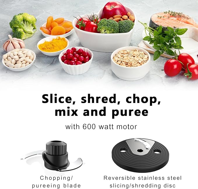 Smart Food Processor and Vegetable Chopper, 6 Automatic Functions, BPA Free, Stainless Steel Blades, 12 Cup Bowl, 600-Watt Motor, Black