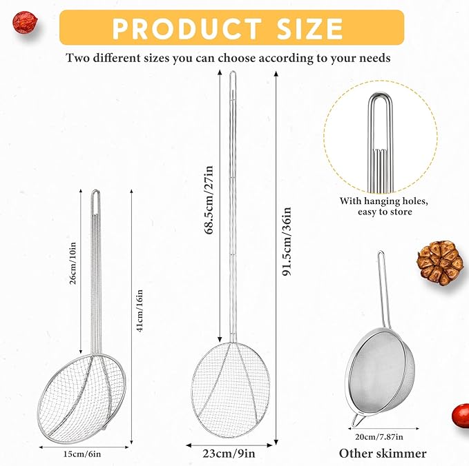 Baderke 2 Pcs 16 Inch Stainless Steel Skimmer Round Plated Wire Strainer Fryer Spoon Mesh Stirring with Long Handle for Kitchen Fried Food Cooking Straining Frying