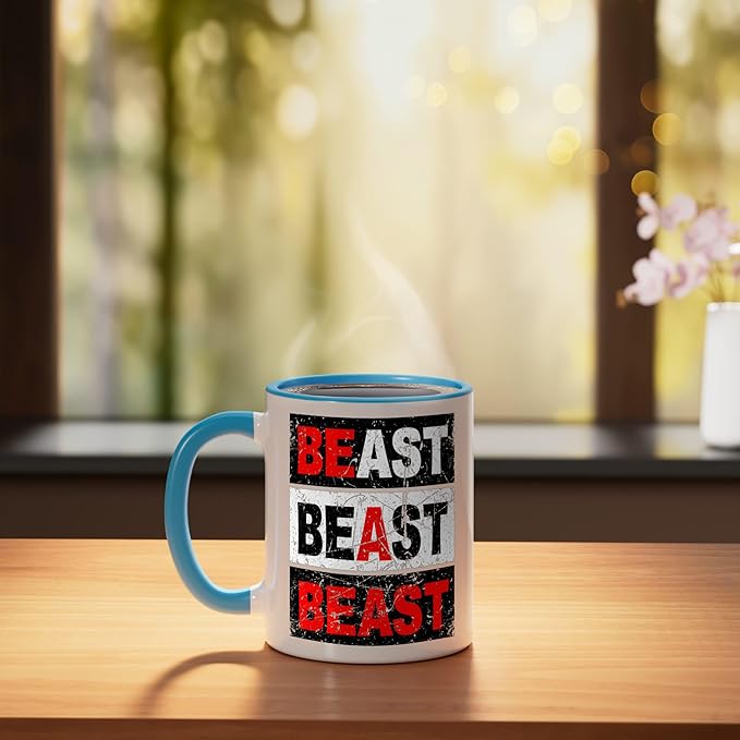 Retro Be A Beast Gym Training Shirt Ceramic Mug, Blue/White