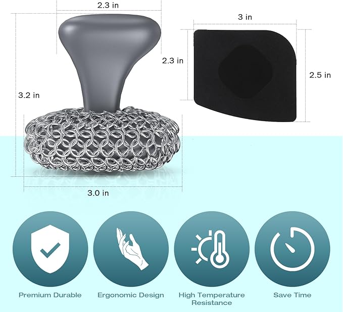 Cast Iron Scrubber, Cast Iron Cleaner with Pan Scraper, Chainmail Scrubber for Cleaning Dishes, Stock Pots, Pans, Griddles, Grills - Dish Scouring Pad Dishwasher Safe Cleaning Kit, Black