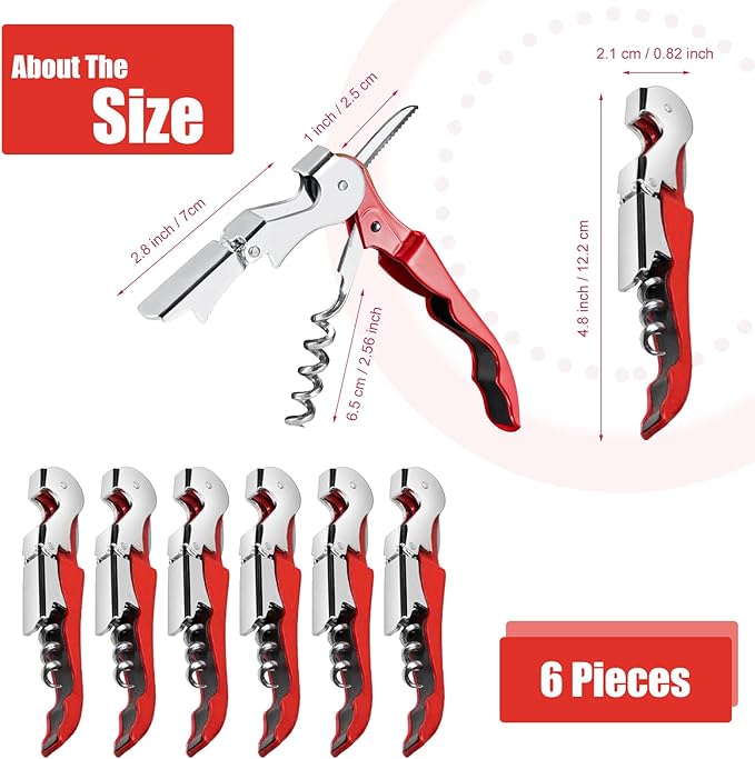 6 Pieces wine key wine opener Professional Waiter Corkscrews Stainless bottle opener Fold Serrated Foil Cutter Key for Family, Company Party,Bars,Restaurants(red)