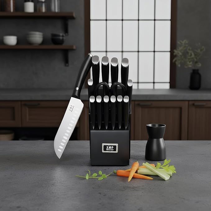 Newly Updated Chef Knife Set Sharp Blade Rivet Ergonomic Handle Knife Block Set Hundreds of Years of Masterful Craftsmanship(Black,15PCS)