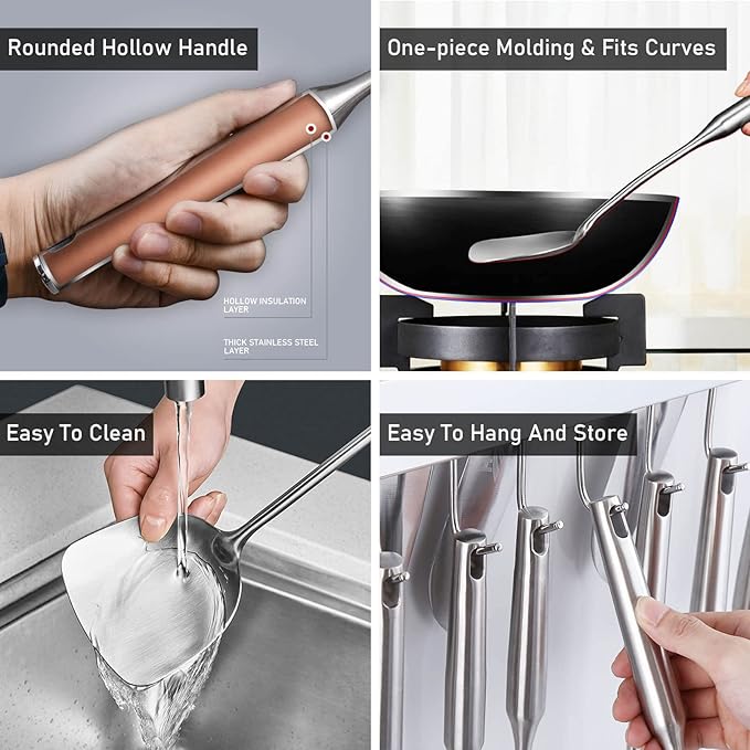 18/10 Stainless Steel Kitchen Utensils Set - 15” All Metal Cooking Tools, 11Pcs - 2 Tongs, Fork, Solid Spoon, Slotted Spoon, Spatula, Soup Ladle, Skimmer, Slotted Spatula, Spaghetti Spoon, Large Spoon