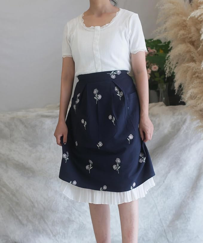 Cotton Long Bistro Half Apron for Woman, Big Pockets, Embroidered Flower, Extra Long Waist Ties, Cook Chore Waitress