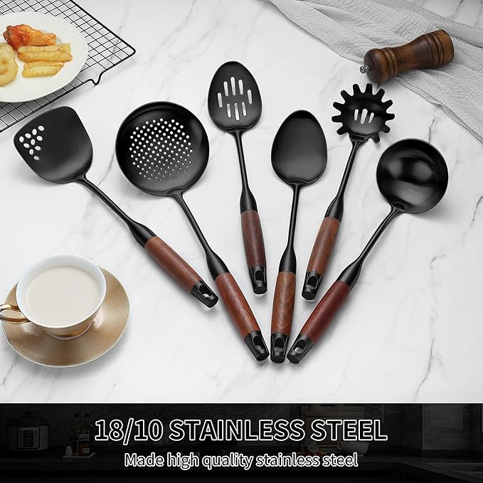 Stainless Steel Kitchen Utensils Set with Wood Handle, 18/10 Metal Cooking Utensils Set, 6-Piece - Spatula, Spoon, Ladle, Skimmer, Slotted Spoon, Pasta