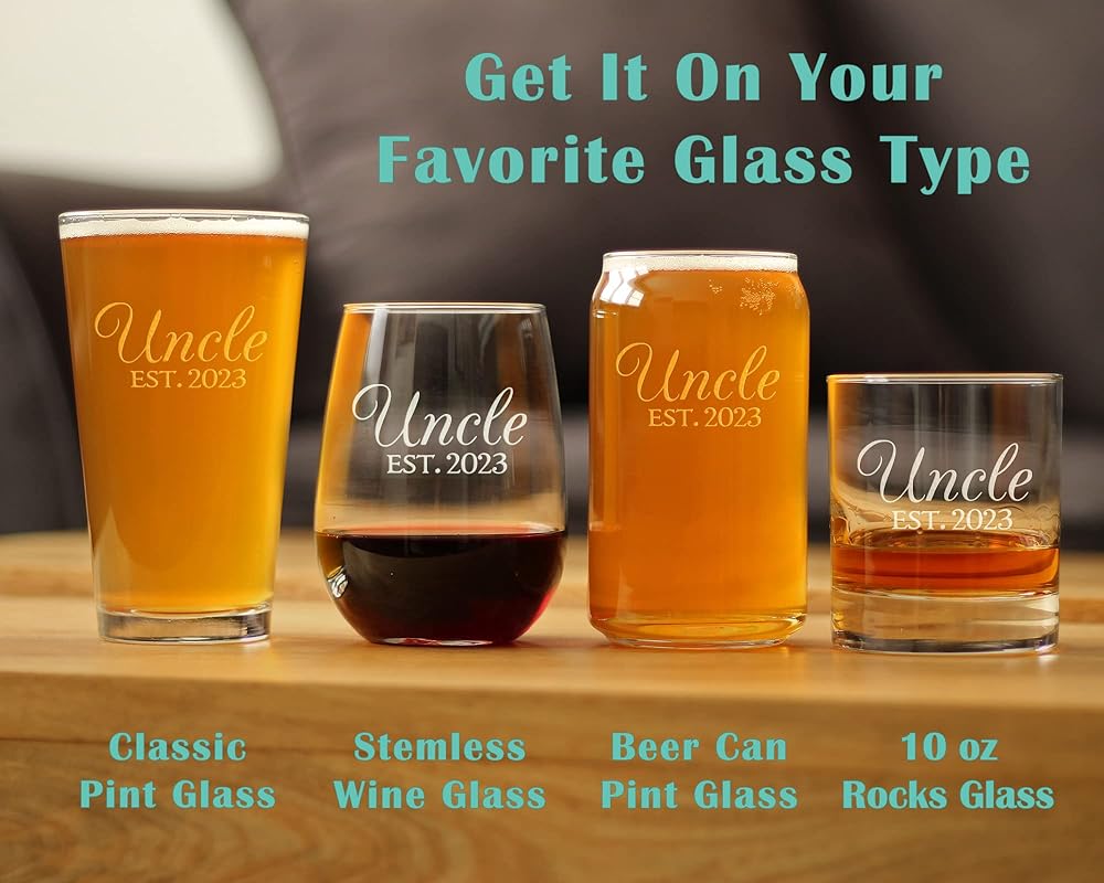 Bevvee Uncle Est 2023 - Beer Can Pint Glass Gift for First Time Uncles - Decorative 16 Oz Glasses