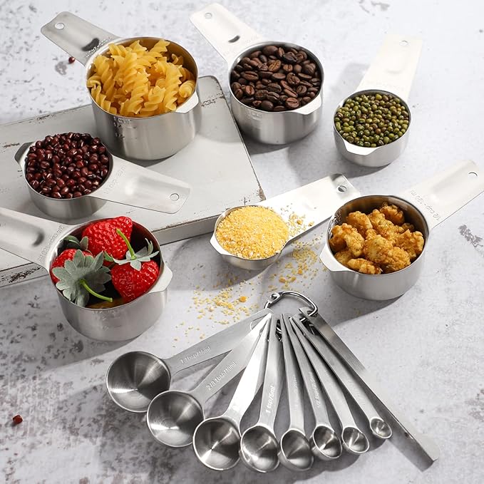 Measuring Cups and Spoons Set Stainless Steel 7 Stackable Measuring Cups 8 Nesting Measuring Spoons and 1 Leveler for Dry and Liquid Ingredients
