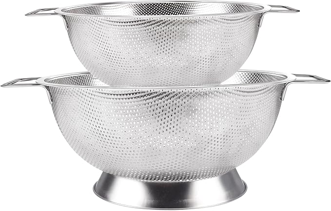 Stainless Steel Colander and Strainer Set(5-Quart and 3-Quart)， Strainer for Kitchen Food, Dishwasher Safe