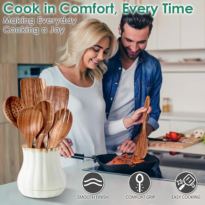 Wooden Spoons for Cooking, 6-Piece Natural Teak Wood Cooking Utensils Set – Wooden Kitchen Utensils Set with Smooth Finish Comfort Grip, Nonstick Safe Non-Toxic Wooden Cooking Tools by