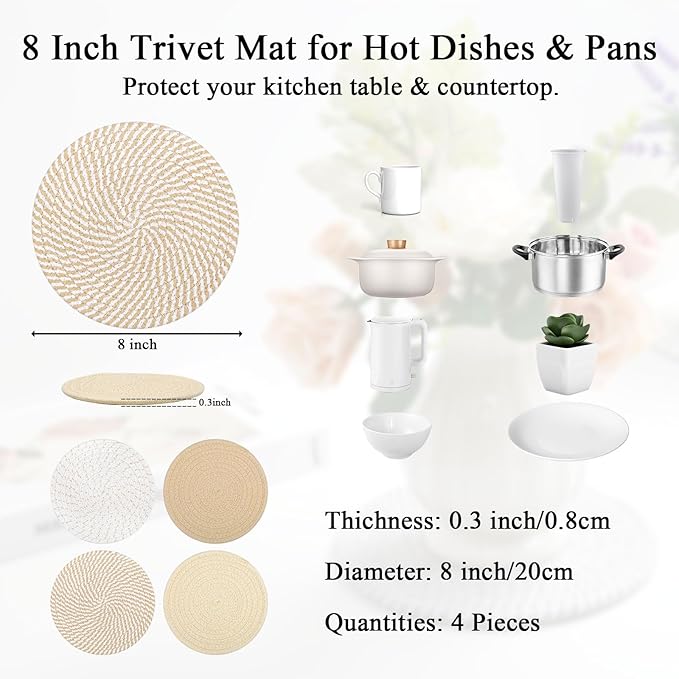 SHACOS 8 Inches Trivets for Hot Dishes, Pot Holders for Hot Pots and Pans, Handmade Cotton Woven Trivets Set, Heat-Resistant Hot Pads Plate Mats for Kitchen Countertops, Table Decor (Khaki, 4pcs)