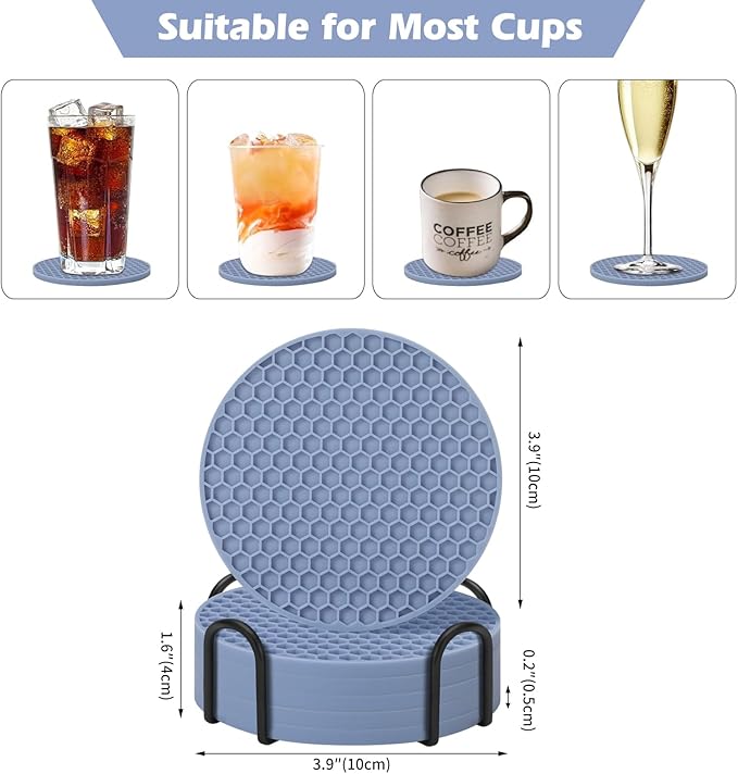 Coasters Set of 6 with Holder,Coasters for Drinks,Coffee Table Decor Coaster,Suitable for Kinds Cups,Anti-Slip,Non-Stick,Silicone Cup Coaster and Living Room Decor (6 Pcs, Blue)