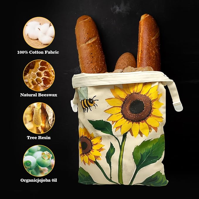 Beeswax Bread Bags for Sourdough 2 Pack 13"x17" Eco-Friendly Reusable Linen Cotton Storage Bags with Zipper Closure for Homemade Bread Fresh-Keeping, Freezer-Safe Sunflower