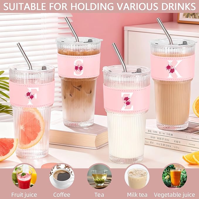 Personalized Gifts for Women,20oz Ribbed Glass Tumbler,Monogrammed Gifts for Women,Birthday Gift,Ice Coffee Mug,Christmas Gift for Mom Sister-K