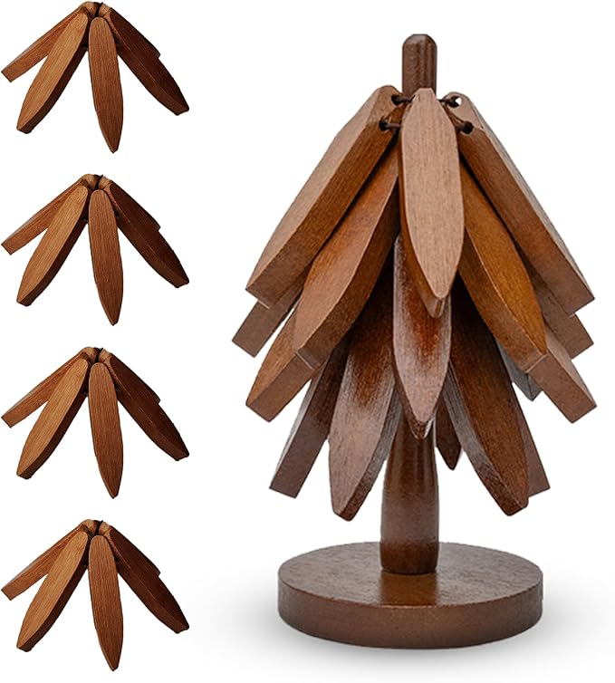 Wooden trivets for hot Dishes – 4 Tree-Shaped Coasters & 1 Stand for Hot Pots, Dishes | Heat-Resistant, Space-Saving Pot Rest & Cozy Kitchen Decor, Tree Trivets for Counter + Special Bonus (Walnut)