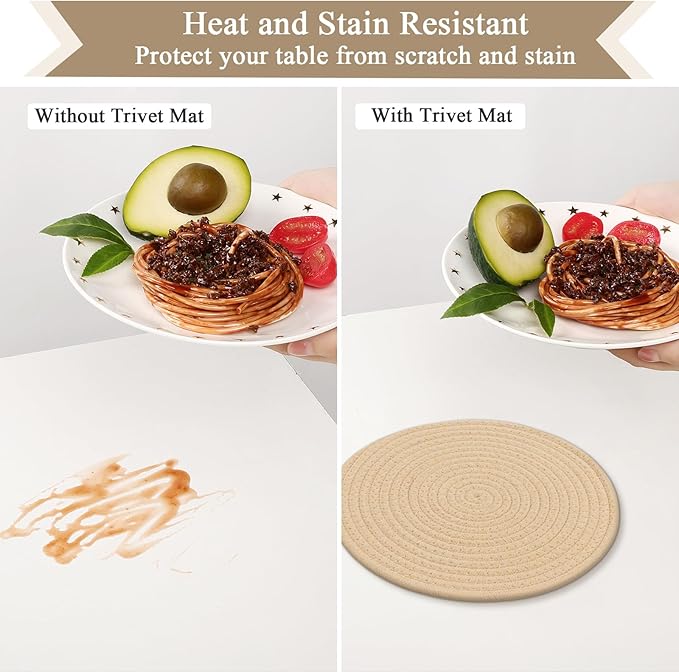 SHACOS 10 Inches Trivets for Hot Dishes, 4 Pieces Cotton Trivets Mats for Kitchen, Hot Pads for Countertops and Table, Heat-Resistant Pot Holders for Hot Pots and Pans(Khaki, 4pcs)