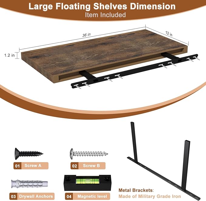 12 Inch Deep Floating Shelves for Wall 2 Pack Floating Shelfs Large Storage Space Wall Decor Display Shelf for Bathroom Living Room Bedroom Kitchen 36" W x 12" D x 1.2" H Rustic Brown