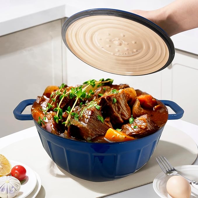 5 Quart Enameled Cast Iron Dutch Oven with Lid - round pot with lid – blue dutch oven - Enamel pot(Skydeep Blue)