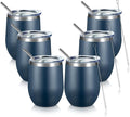 COMOOO Stainless Steel Navy Wine Tumbler Glass Bulk with Lid and Straw 12oz Double Wall Vacuum Insulated Travel Tumbler Cup Stemless for hot and Cold Drinks, Coffee, Wine, Cocktails 6 pack