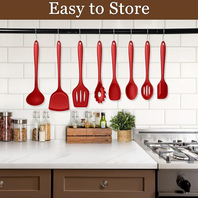 LIANYU 8-Piece Kitchen Utensils Set, Silicone Cooking Utensil Spatula Sets, Heat Resistant Cooking Gadgets Tools Set for Non-stick Cookware, Dishwasher Safe, Red