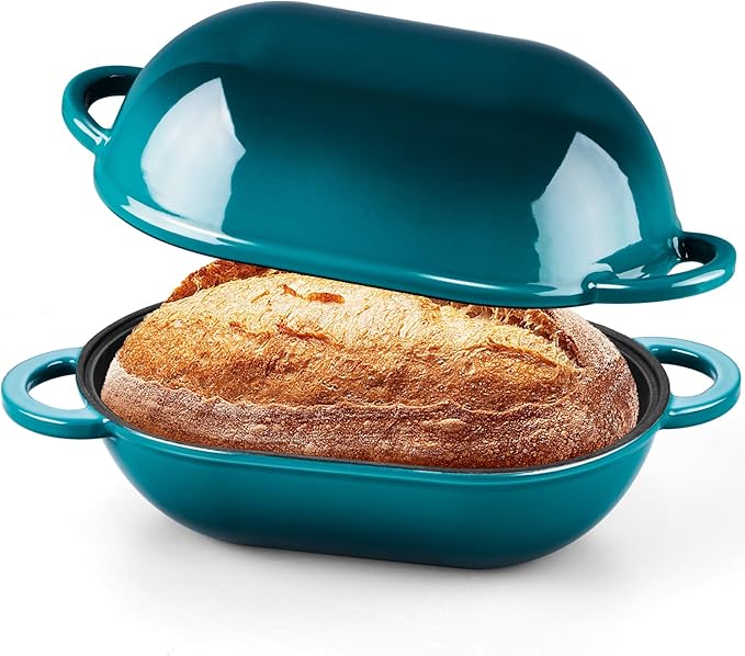 Onader Enameled Cast Iron Dutch Oven, Oval Dutch Oven Pot with Lid for Sourdough Bread Baking, 2.8QT Meatloaf Pan, Heavy Duty - Dark Cyan