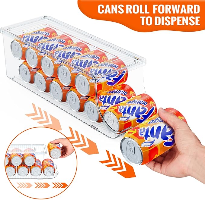Soda Can Organizer for Refrigerator, Stackable Canned Food Pop Cans Container Can Holder Dispenser with Lid for Fridge Rack Freezer, Clear Storage Bins-Holds 12 Cans Each (One)
