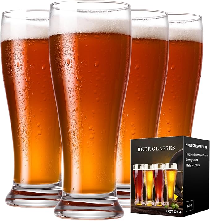 Beer Glasses Set of 4, 14 oz Pilsner Beer Pint Glasses, Classics Craft Wheat Beer Glasses Drinking Set, Beer Mug Glassware Gift for Men