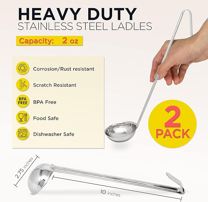 Fit Meal Prep [2 Pack] 2 oz Stainless Steel Soup Ladle, One-Piece Sauce Spatula with Hook Handles, Commercial Grade Serving Spoon, Kitchen Tool for Restaurant or Home Cooking, Mirror Finish, 12" Long