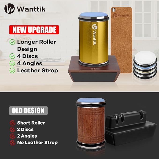 Rolling Knife Sharpener Kit, Upgraded Roller Knife Sharpener with Leather Strop for Kitchen Knives, 4-Disc Rolling Stone Sharpener with 15&18&20&22 Degree Sharpening, Gold