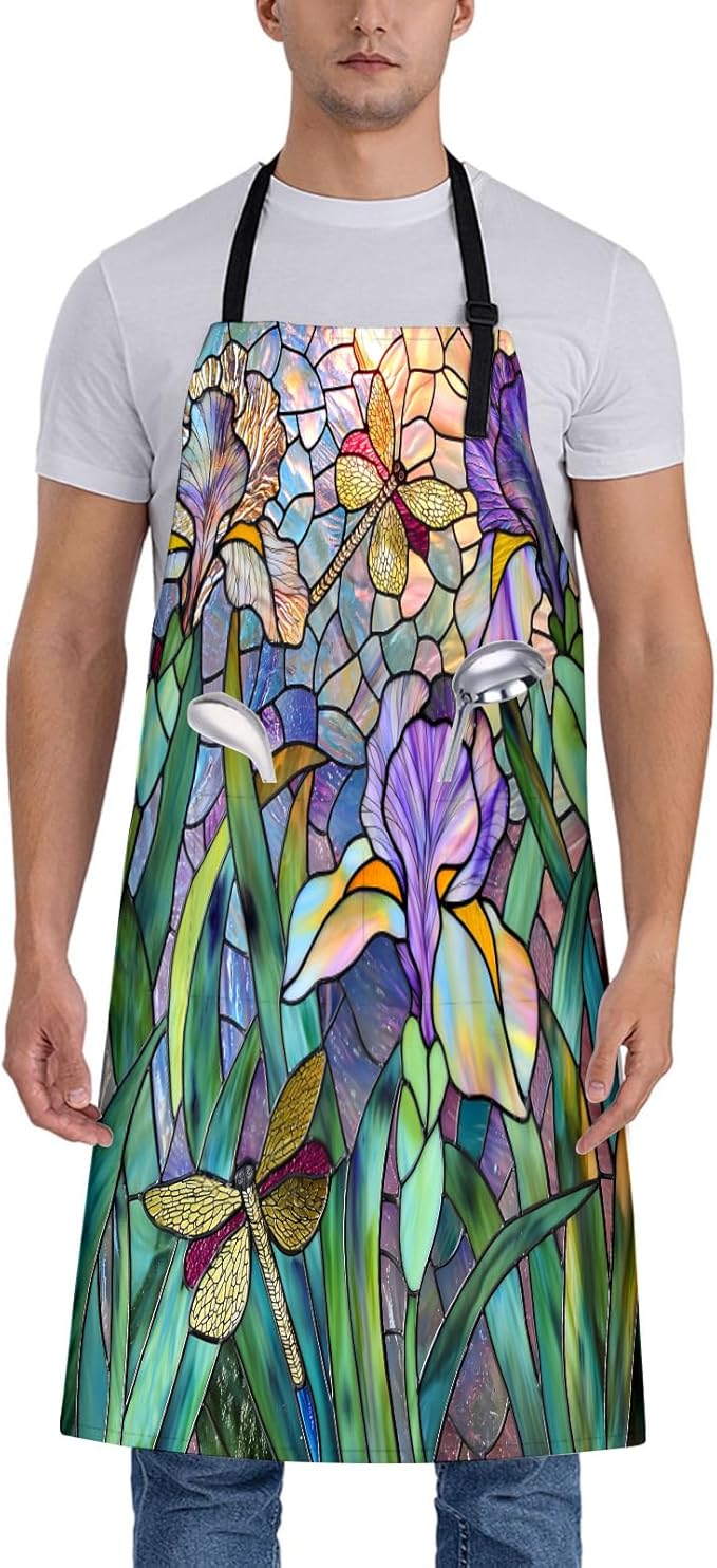Stained Glass Apron for Women, 28x33in, Kitchen Chef Aprons with 2 Pockets, Polyester, Modern Floral Dragonfly Apron for Cooking BBQ Baking Gardening Chef, Gifts for Mom Wife Dad