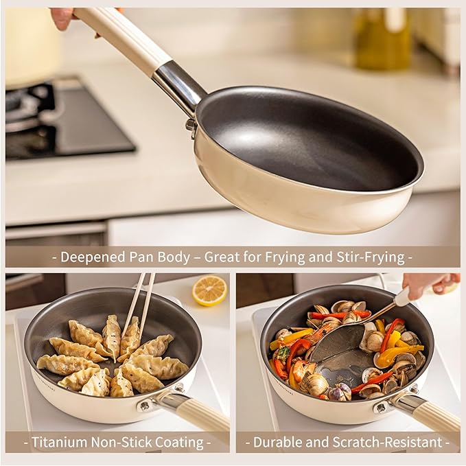 10 inch Titanium Ceramic Nonstick Frying Pan with Lid – Scratch Resistant Skillet, Induction & Gas Stove Compatible, PFOA-Free Cookware for Eggs and Steak